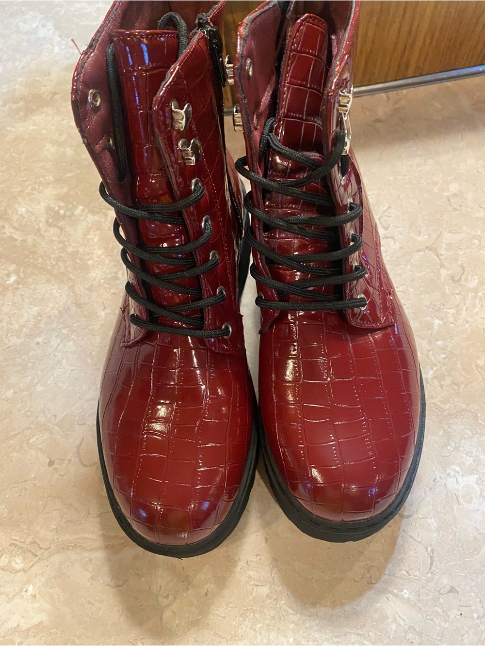 Red Croc-Embossed Lace-Up Ankle Boots